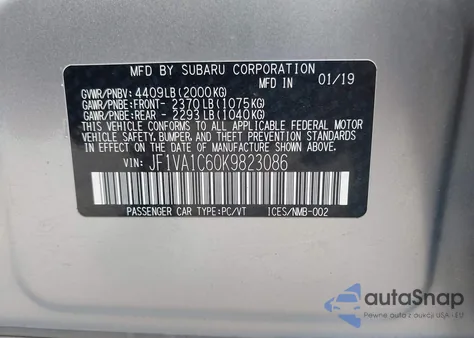 2019 Subaru Wrx Premium из США, поврежденный, VIN JF1VA1C60K9823086